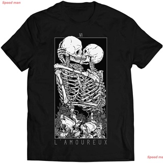 ผ้าฝ้ายคอกลมผู้ชายและผู้หญิง Rock and roll เด็กผู้ชาย เสื้อยืด CUICAN Skull Lovers Shirts The Lovers Tarot Card Skull T-