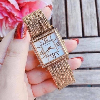 (ผ่อน0%) นาฬิกา Guess สเตนเลส สีโรสโกลด์ U0826L3 Dressy Rose Gold-Tone Watch with White Dial หน้าปัดสี่เหลี่ยม 28 cm.