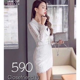 เดรสสั้นผ้าลูกไม้แขนยาว+เข็มขัด