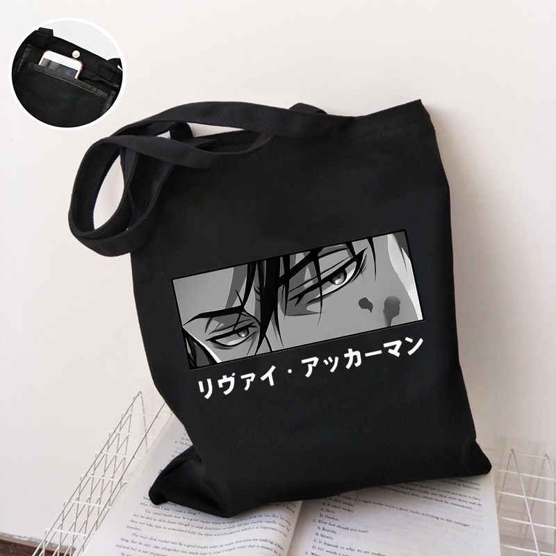กระเป๋าสะพายไหล่ ผ้าแคนวาส พิมพ์ลายอนิเมะ Attack on-Titan สีดํา สไตล์ญี่ปุ่น สําหรับผู้หญิง