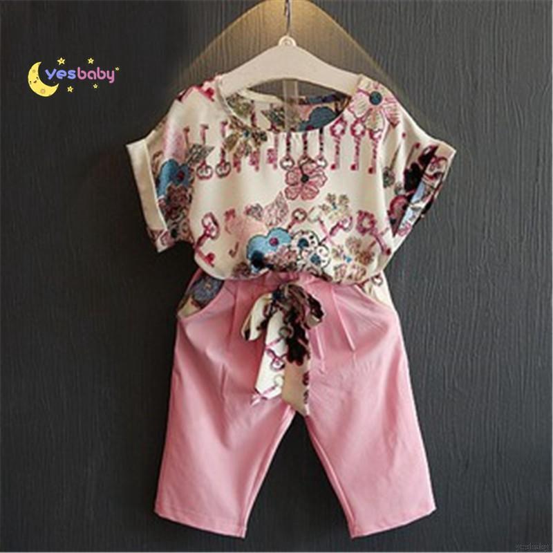 Yesbaby เสื้อแขนสั้นลายดอกไม้ + กางเกงขาสั้น 2 ชิ้นสำหรับเด็ก