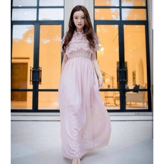 👗Pfashion [ส่งไว!!🚛] P3461 เดรส Maxi ตัวยาวแขนสั้นคอและแขนแต่งกุ๊นระบายน่ารัก Long maxi dress with short sleev