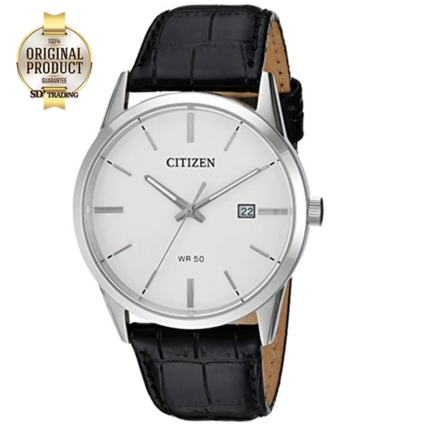 CITIZEN Quartz Leather Strap Men's Watch รุ่น BI5000-01A - Silver/White สายหนังแท้สีดำ