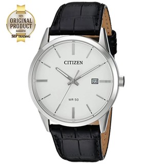 CITIZEN Quartz Leather Strap Mens Watch รุ่น BI5000-01A - Silver/White สายหนังแท้สีดำ