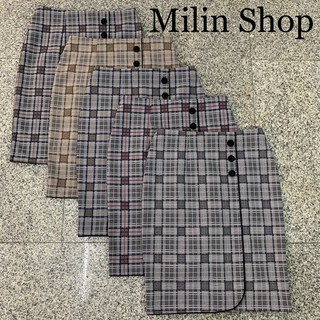 Milin Shop กระโปรงลายสก็อต ป้ายหน้า กระดุม3เม็ด กระโปรงทำงาน