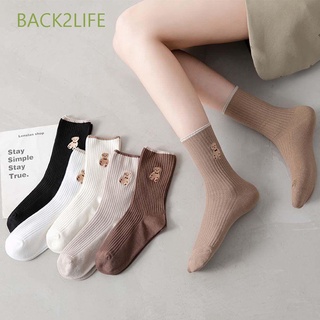 Back2Life ถุงเท้าผ้าฝ้ายปักลายหมีสีพื้นระบายอากาศสําหรับสตรี