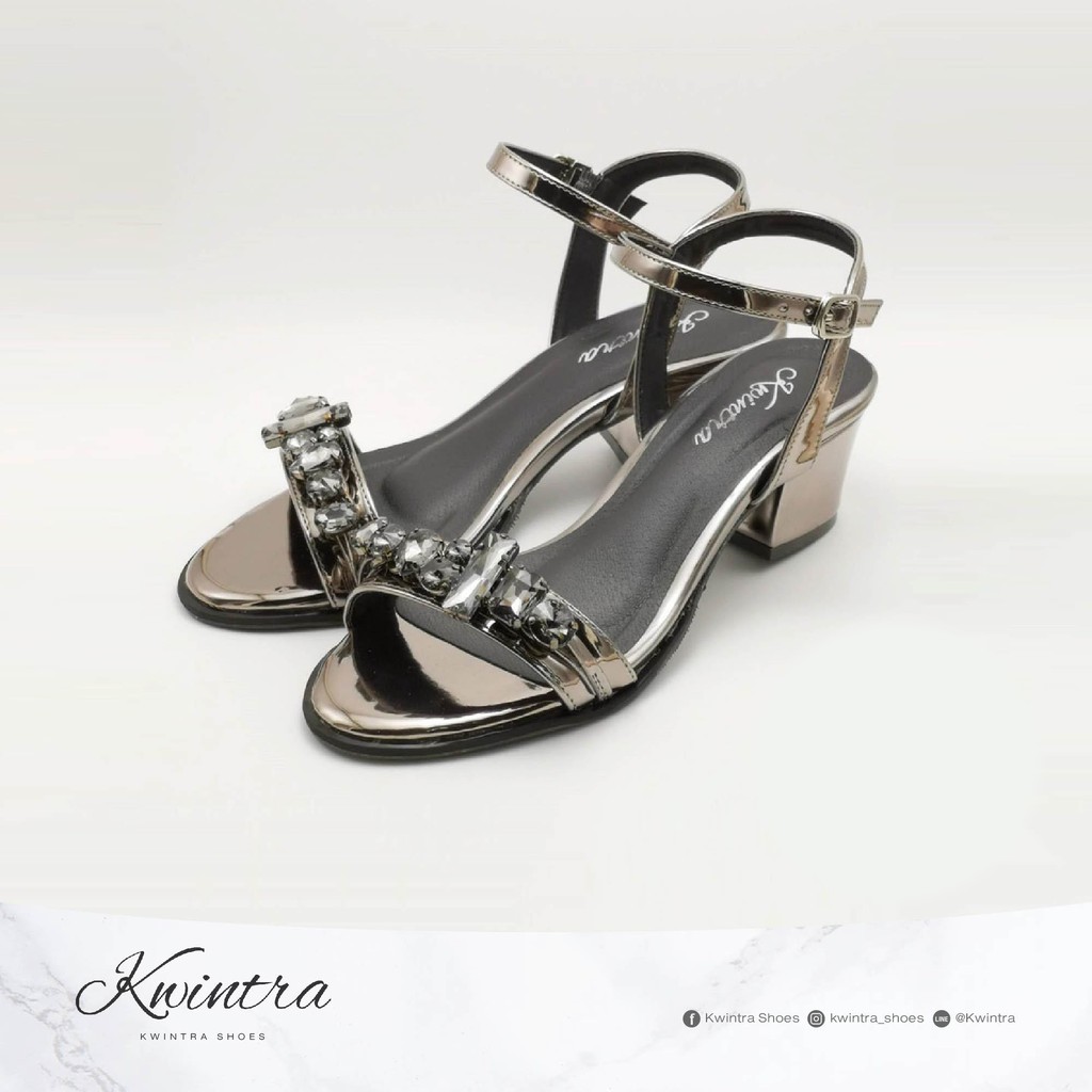 C37C26รองเท้าส้นสูงหน้าเพชร สูง 2นิ้ว (ทรงใหญ่ไม่ต้องบวกไซส์เพิ่ม) Kwintra สีเทาเมทาลิค และ สีเงิน