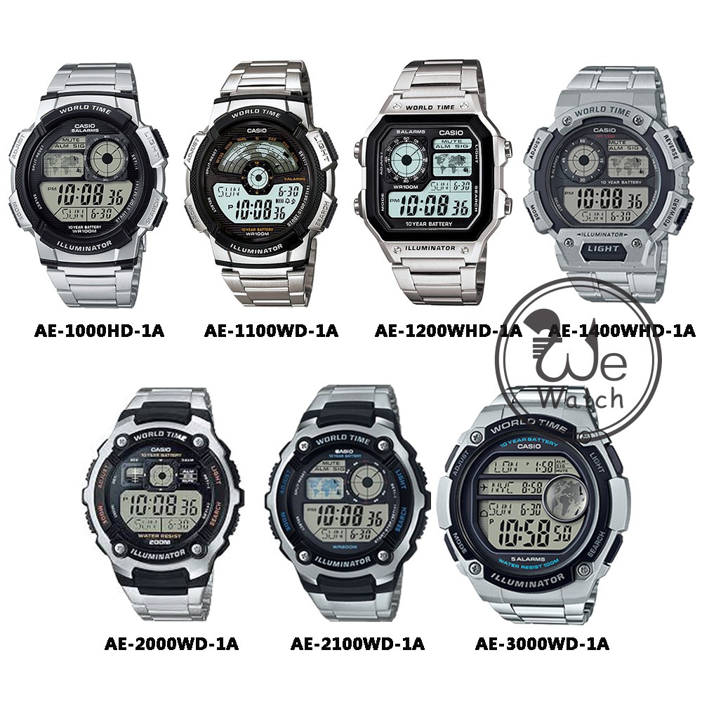 CASIO ของแท้ 💯% AE-1000WD-1A AE-1100WH-1A  AE-1200WHD-1A AE-2000WD-1A นาฬิกาผู้ชาย Digital สายเหล็ก กล่องและรับประกัน1ปี