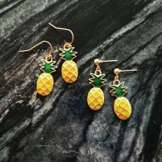 Cute Korea Yellow Pineapple Clip Earrings : ต่างหู ตุ้มหู หนีบ เกาหลี สับปะรด สีเหลือง น่ารัก