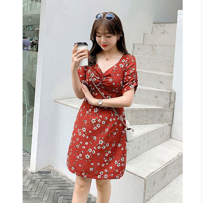 เสื้อผ้าสาวอวบ  plus size Women s new square collar red floral dress, female French retro waist fat mm chiffon skirt #6