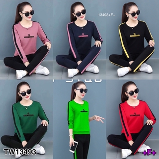 TwinsShopVip💗พร้อมส่ง TW13493 Set ชุดวอร์ม เสื้อคอกลม+กางเกงขายาวแต่งแถบ