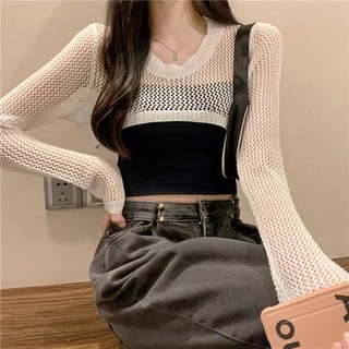 ส่งทันที Cici(NO. 78040)เสื้อคลุมแขนยาวไหมพรมคอกลม ตาข่าย ซีทรูเพิ่มดีเทลเว้าหน้าอกสไตล์โคเรียเวอร์