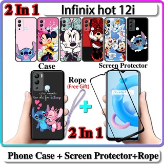 2 IN 1 เคส Infinix hot 12i พร้อมกระจกนิรภัยกันรอยหน้าจอโค้ง เซรามิค ลาย Stich and Minnie