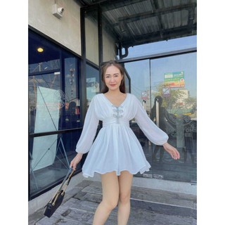 Dress คอวี หน้าแต่งโบว์เป็นเลเยอร์ ผ้าชีฟอง มีซับใน