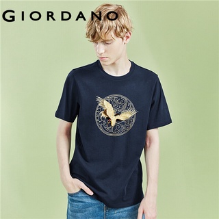 Giordano Men and Women เสื้อยืดแขนสั้น คอกลม ผ้าฝ้าย100% เป็นเสื้อคู่สกรีนลวดลาย นกกระสา แม่น้ำลำธารสไตล์คลาสสิค LuMingS