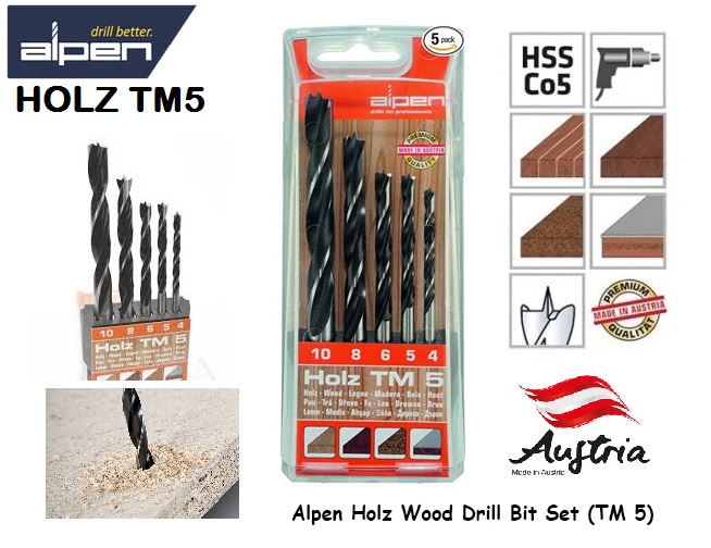 Alpen Holz 5 ชิ้น (4 ~ 10 มม.) ชุดดอกสว่านเจาะเดือยไม้ HSS