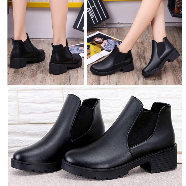 Fashion Boots 179 บาท &  รองเท้าบูทหนังหัวมน ส้นหนา สีดำล้วน Women Shoes