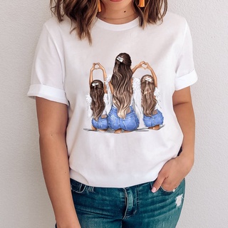 T-shirt  เสื้อยืด พิมพ์ลายการ์ตูนกราฟฟิค Love Mom Mama Mother Daughter สําหรับผู้หญิงS-5XL
