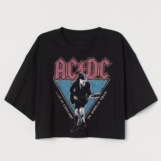 เสื้อครอป TEE ACDC VINTAGE | เสื้อยืด แขนสั้น พิมพ์ลายวงดนตรี BAND CROP สีดํา สําหรับผู้หญิง | เสื้อครอป สีดํา สําหรับผู้หญิง