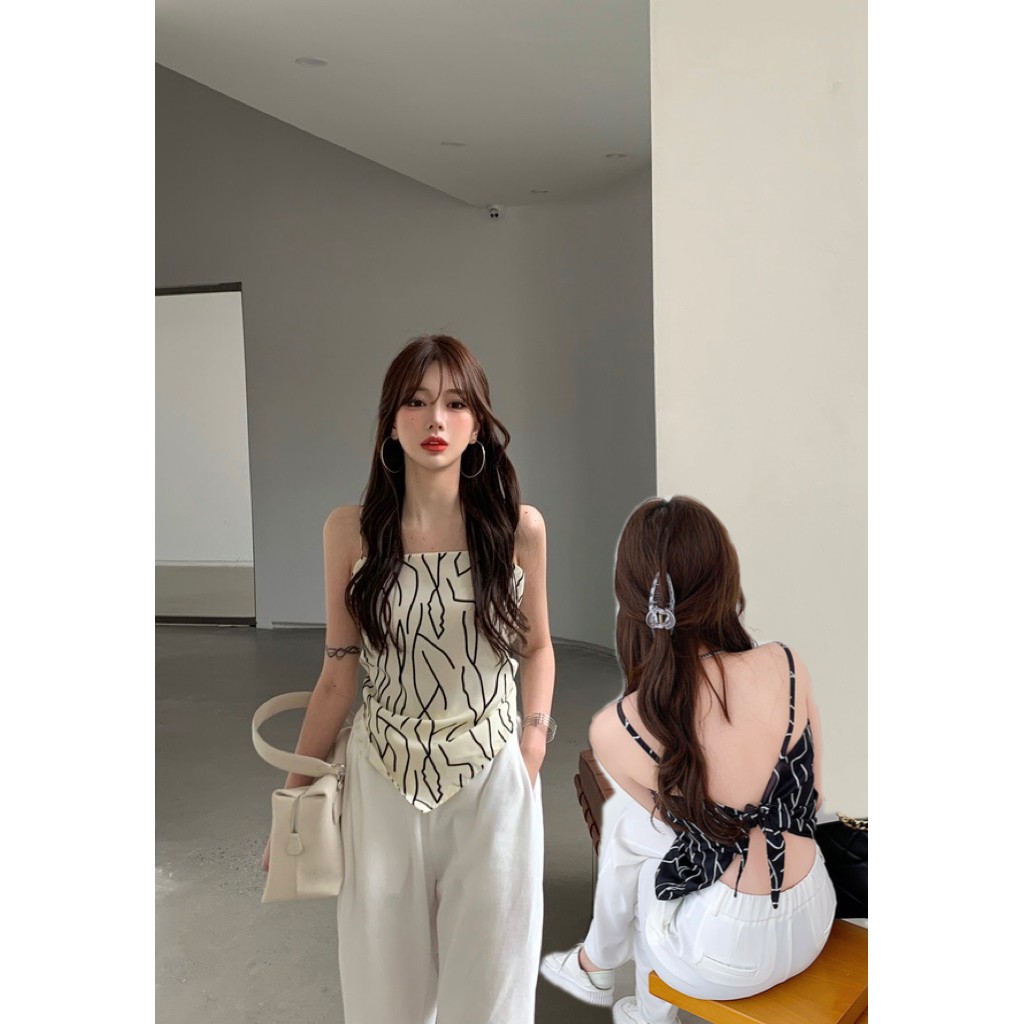 Cicishop(พร้อมส่ง)สายเดี่ยวทรงสามเหลี่ยมผ้าเช็ดหน้า มัดด้านหลัง งานผ้าคอตตอนฝ้าย(1012black)