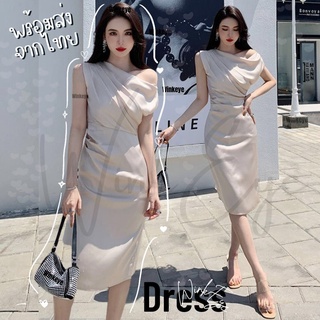 (Dress5-103)พร้อมส่ง Champagne Dress เดรสออกงาน คอเบี่ยงข้าง สวยหรู สีทองอ่อน ผ้าซาตินนุ่ม งานกลางวัน เพื่อนเจ้าสาว