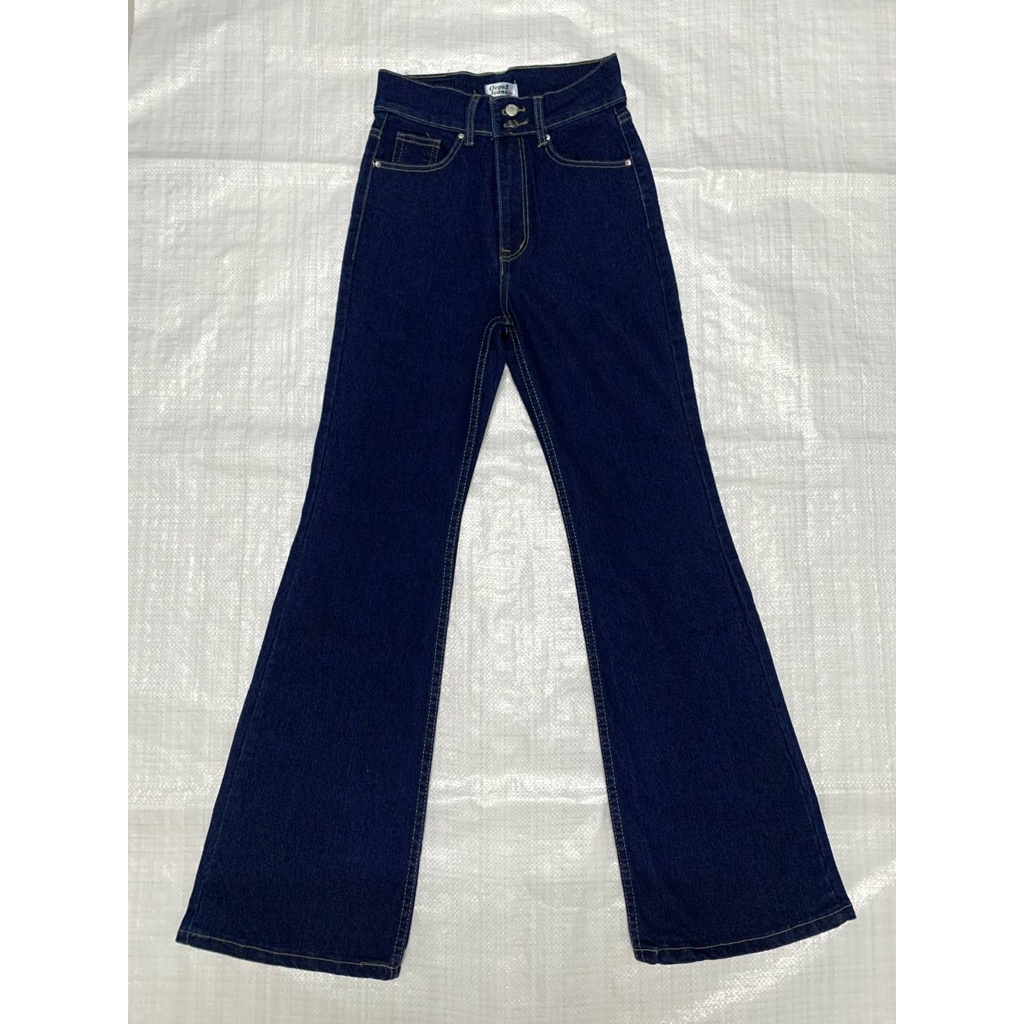 [Code:L9E6B ลด25.-]  Oops Jeans 🎯 กางเกงยีนส์เอวสูงขาม้าผ้ายืด สีเข้ม2กระดุม