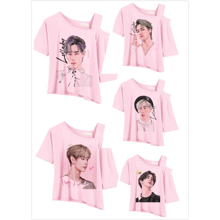 เสื้อยืด แขนสั้นkorean  cartoon one shoulder  เสื้อยืดผู้หญิง  got7 pink t-shirt MARK JACKSON เสื้อยืดสะดือเซ็กซี่หลวม