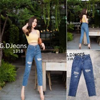 G.D.Jeans รุ่น 1318 กางเกงยีนส์ขายาวผ้าด้านทรงบอยแต่งขาดฟอกสีสวยทรงแป๊ะ