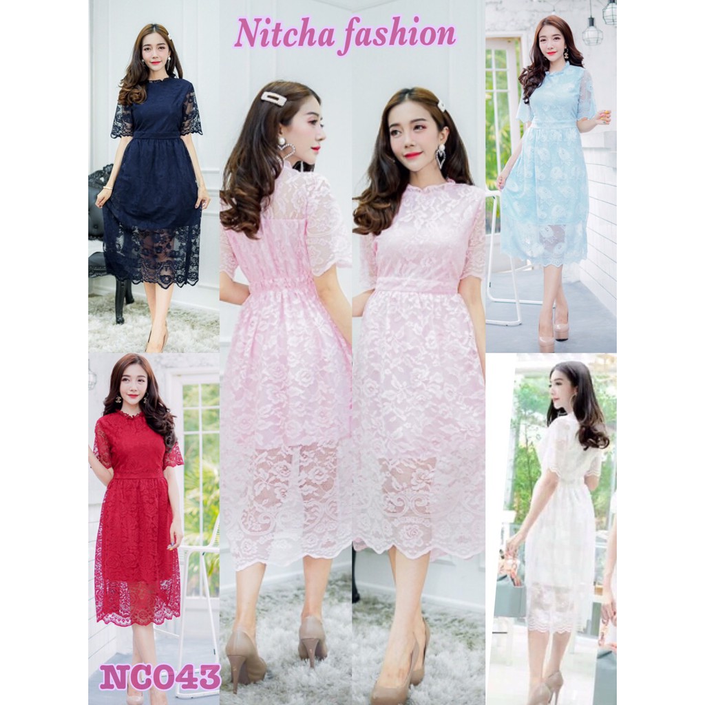 NF0043 เดรสผ้าลูกไม้คอแต่งระบาย เอวหลังยางยืดพร้อมซับใน มี 5 ไซส์ M-3XL ยาว 42 นิ้ว