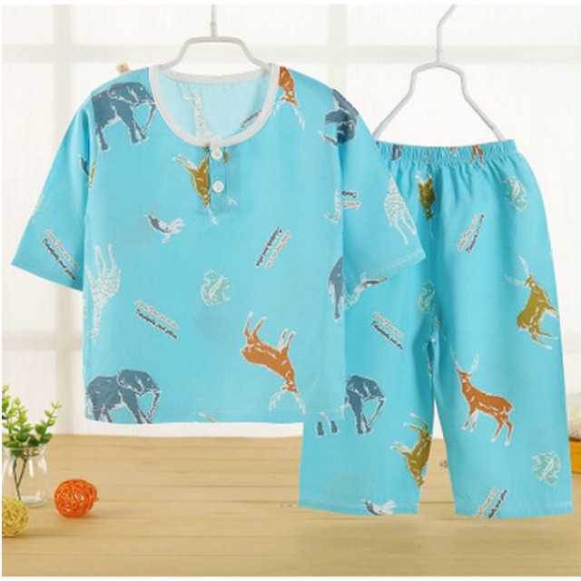 PJ478A ชุดนอนเด็ก เสื้อ+กางเกง 7ส่วน ผ้าคอตตอนป๊อปลิน *กวาง&ช้าง* (6-12ด/1ข/2ข/3ข/4ข/5ข)