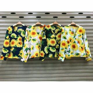 💖 เสื้อแฟชั่น ผ้าหางกระรอก สไตล์คอวี ลายดอกทานตะวันสดใส