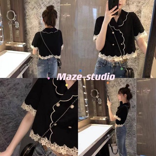 Maze*พร้อมส่ง*แบบใหม่ ทรงสวย ดีไซน์ดี ชายเสื้อลูกไม้ เรียบหรู คอเสื้อลายดอกไม้ สวยไม่เหมือนใคร(13002)