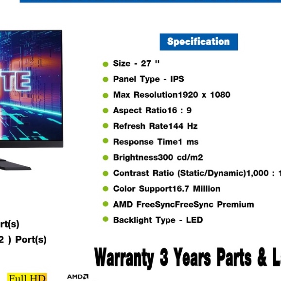 [ประกันไทย 3 ปี] MONITOR GIGABYTE M27F 27" IPS FHD 144Hz