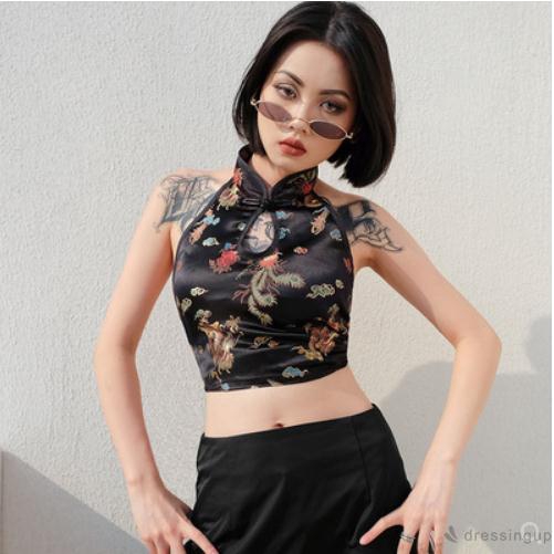 ดี ♪ผู้หญิงเซ็กซี่ Halter คอวีฤดูร้อนมังกรเย็บปักถักร้อยสไตล์จีน Backless CropTop