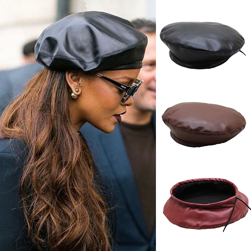 New Women S Hat Pu Leather French Artist Beret Cap Fashion Beret For Women Girls Soft Fashion French Painter Berets Shopee Thailand