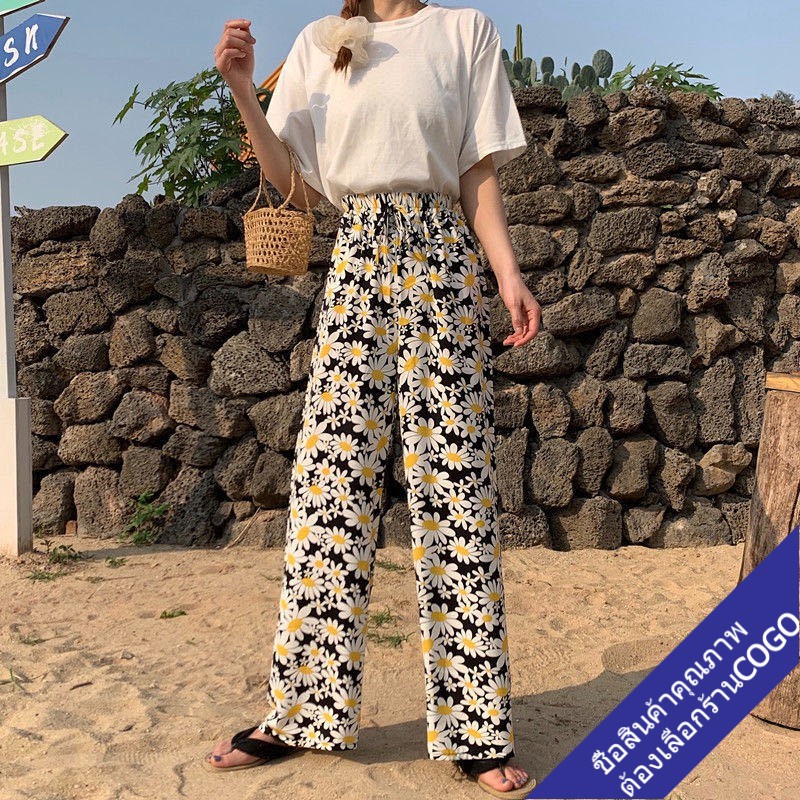 cogo กางเกงขายาวชีฟองผู้หญิง แฟชั่นเกาหลี ทรงหลวม ลายดอก ขากว้าง กางเกง 9 ส่วน