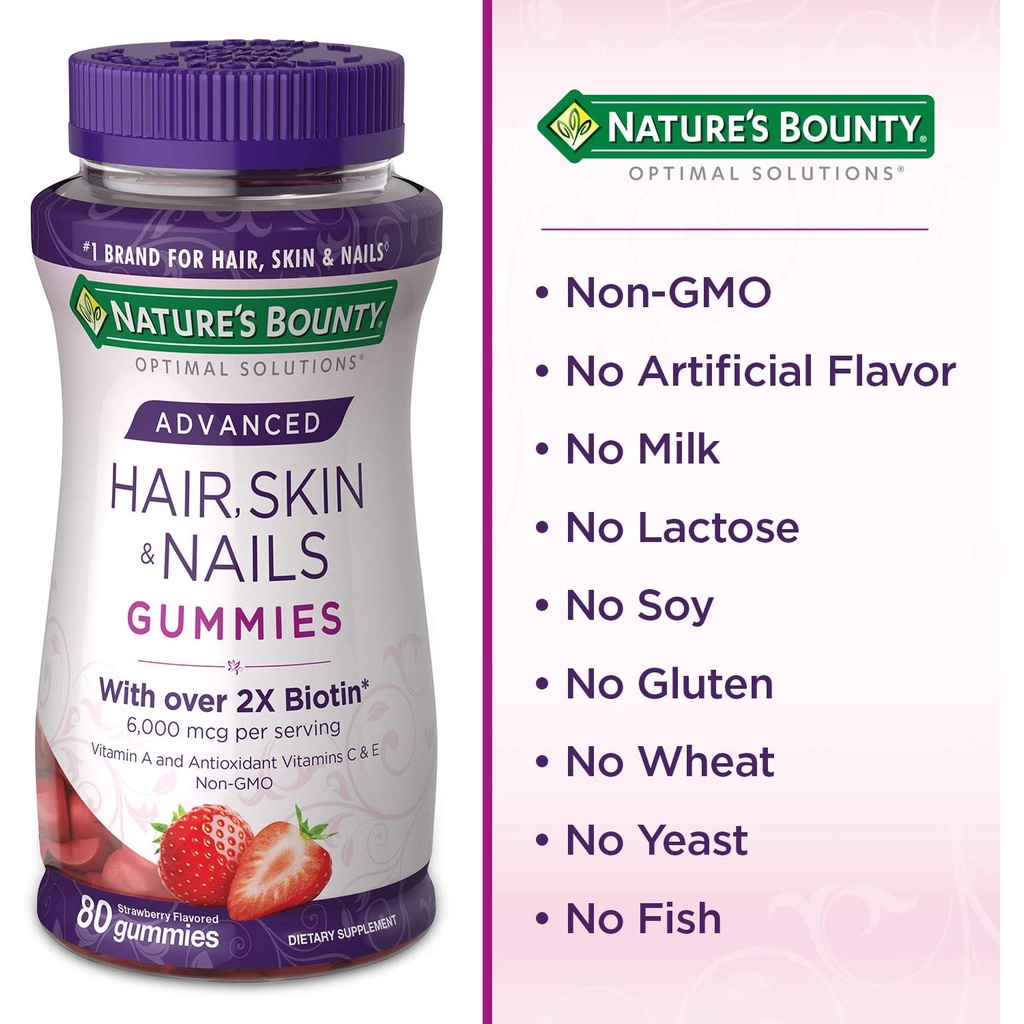 Natures Bounty Optimal Solutions Advanced Hair Skin Nails Gummies 2x Biotin สูตรเข้มข้น 2 เท่า 6835