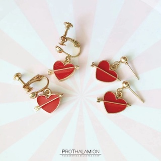 Arrow Red Heart Clip Earrings : ต่างหู ตุ้มหู หนีบ หัวใจ สีแดง ธนู ลูกศร น่ารัก