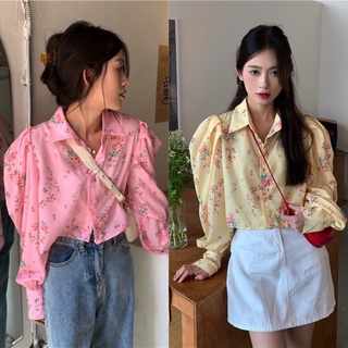 พร้อมส่ง 🎗🏖⛱ flora shirt crop C3109 เสื้อเชิ้ต เชิ้ตลายดอก 2 สี เหลือง ชมพู