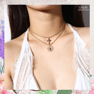 ✨ สินค้าพร้อมส่ง !! สร้อยคอโซ่ ซ้อนสองเส้น จี้ไม้กางเขนหัวใจ จี้ไม้กางเขน Choker Necklace ✨