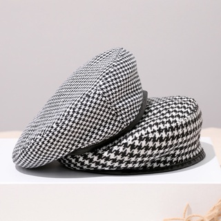 Houndstooth หมวกเบเร่ต์ลายสก๊อตแฟชั่นเกาหลีญี่ปุ่นสําหรับผู้หญิง