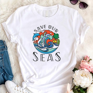 เสื้อยืดทุกวันเสื้อยืด ผ้าฝ้าย พิมพ์ลาย Save Our Seas สไตล์เรโทร สําหรับผู้หญิงS-3XL