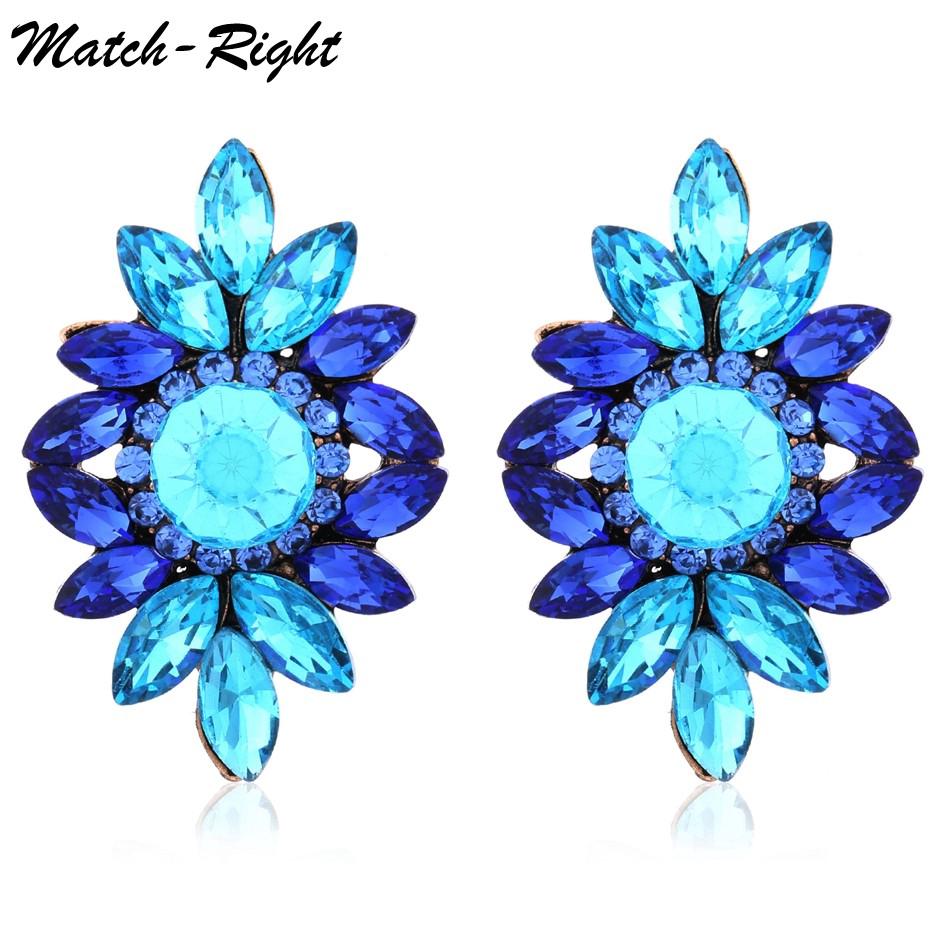 แกนต่างหูดอกไม้ที่มีสีสันย้อนยุค Statement Earrings Multicolor Rhinestone Flower Pendant Ear Studs