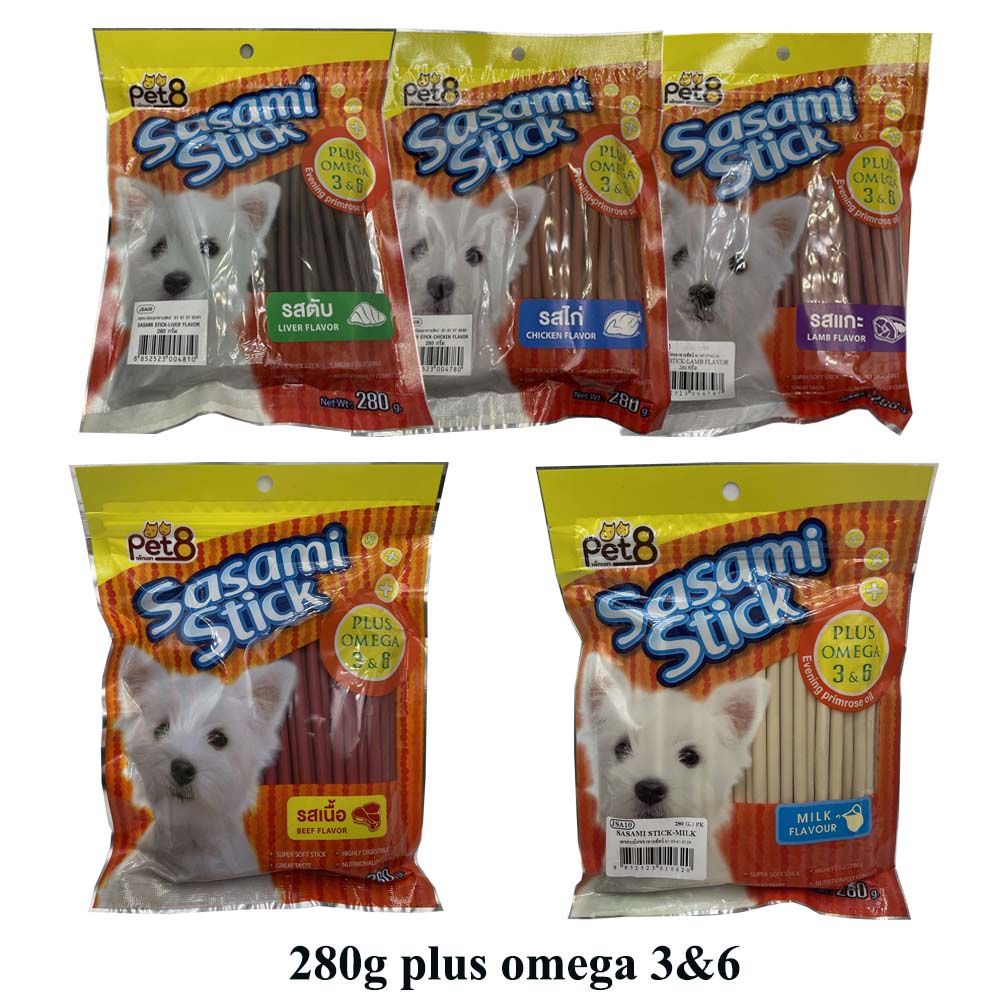 สติ๊กไก่ สูตรแข็ง อร่อยเคี้ยวสนุก เสริมโอเมก้า 3&6 by Pet8 sasami Jerky plus omega 280g พร้อมส่ง