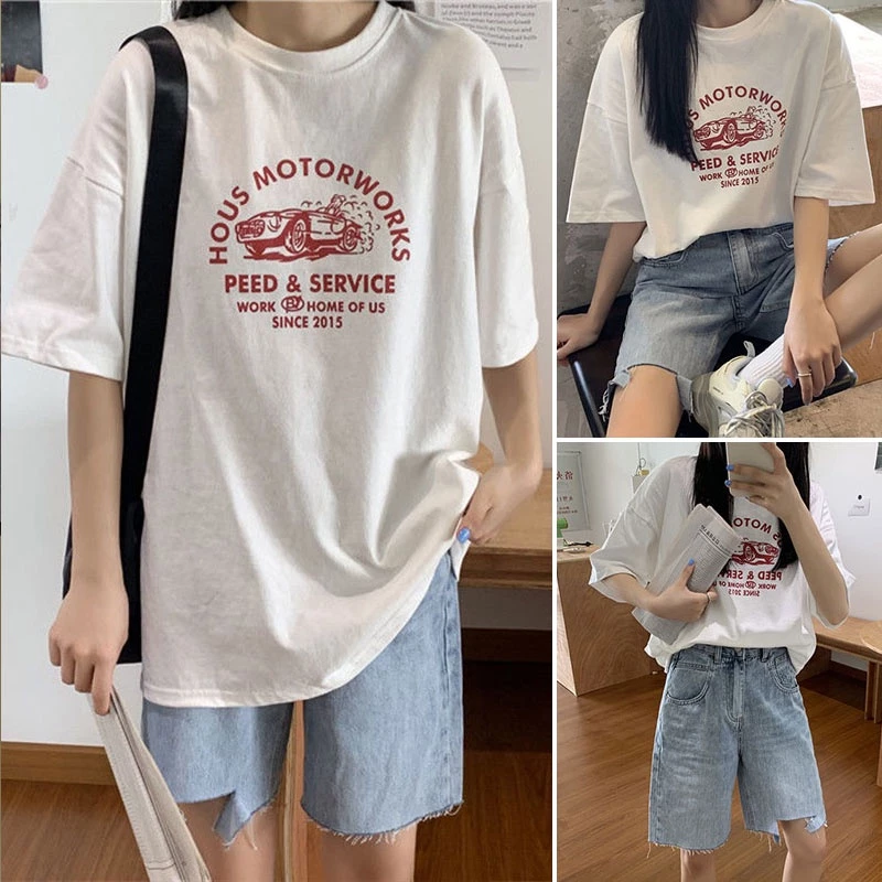เสื้อยืดไซส์ใหญ่คอกรมผู้หญิง oversize แขนสั้นสไตล์เกาหลี เสื้อผ้าแฟชั่นวัยรุ่นน่ารัก เสื้อโอเวอร์ไซส์สกรีนลายวินเทจ xxl thumbnail 6