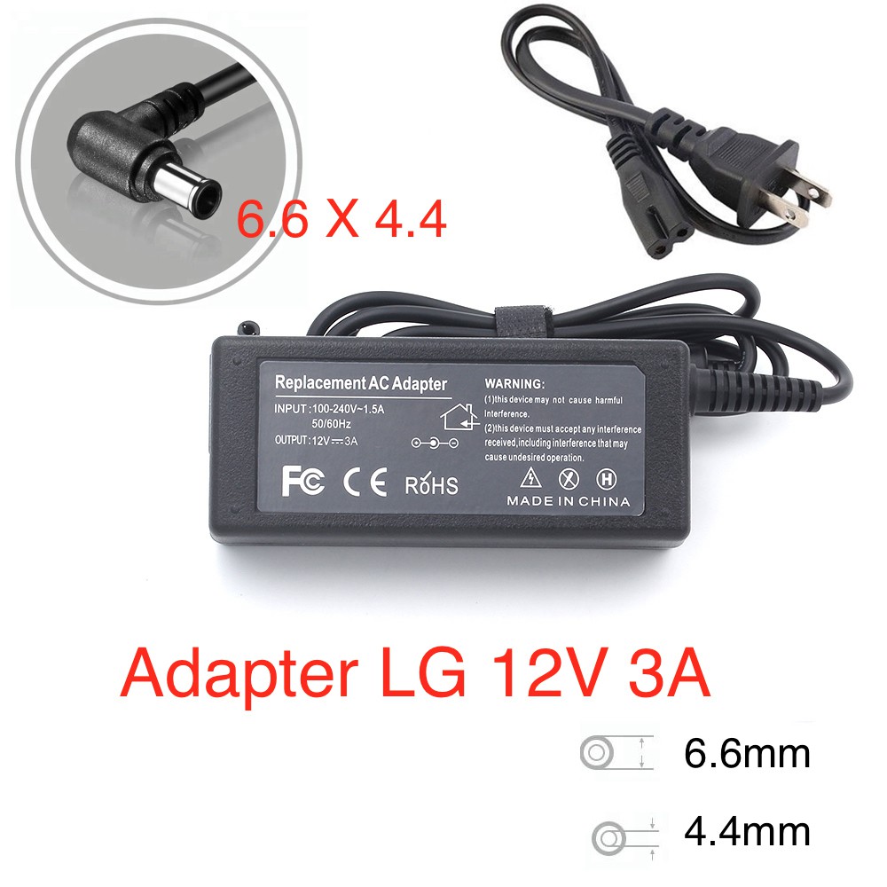 DC AC Power Supply Charger Adapter Cord Converter 12V 3A(6.6*4.4mm) For LG Monitor LCD TV Macbook