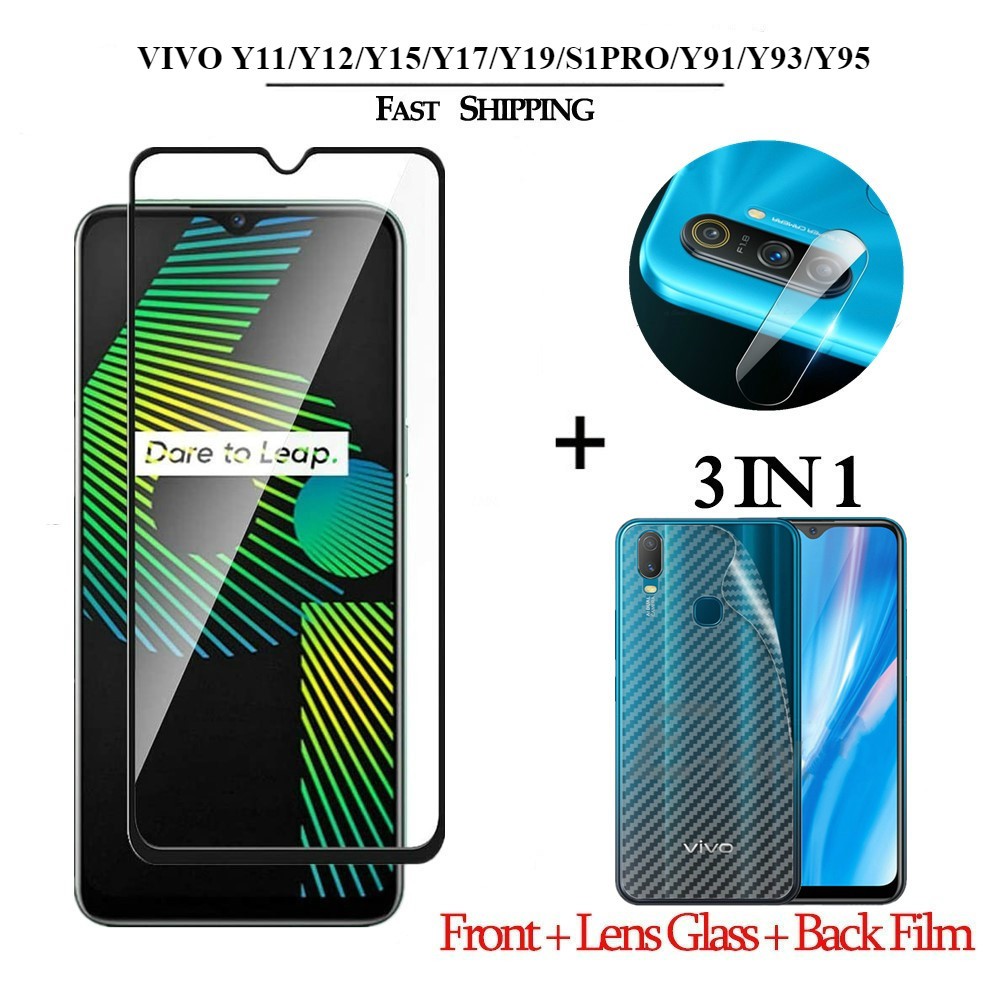 3IN1 ฟิล์มกระจกกันรอยสําหรับ VIVO Y20i Y11 Y12 Y15 Y17 Y19 S1 Pro V15 V17 V19 NEO Y91 Y93 Y95 V11i V9 3-in-1 Tempered Glass Screen Protector Lens Film Clear Back Sticker Rixuan