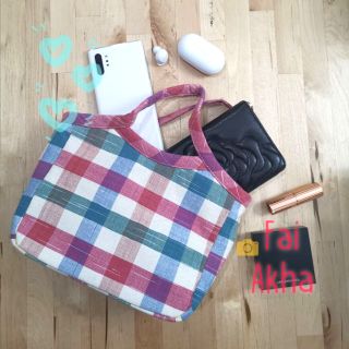 FAI​ AKHA -​ lunch bag กระเป๋าผ้า​ทอมือ​ ลายตาราง​ชมพูเขียว (ขลิบชมพู)​ สีน่ารัก