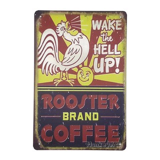 ป้ายสังกะสีวินเทจ Wake Up, Rooster Brand Coffee, ขนาด 20x30 ซม.