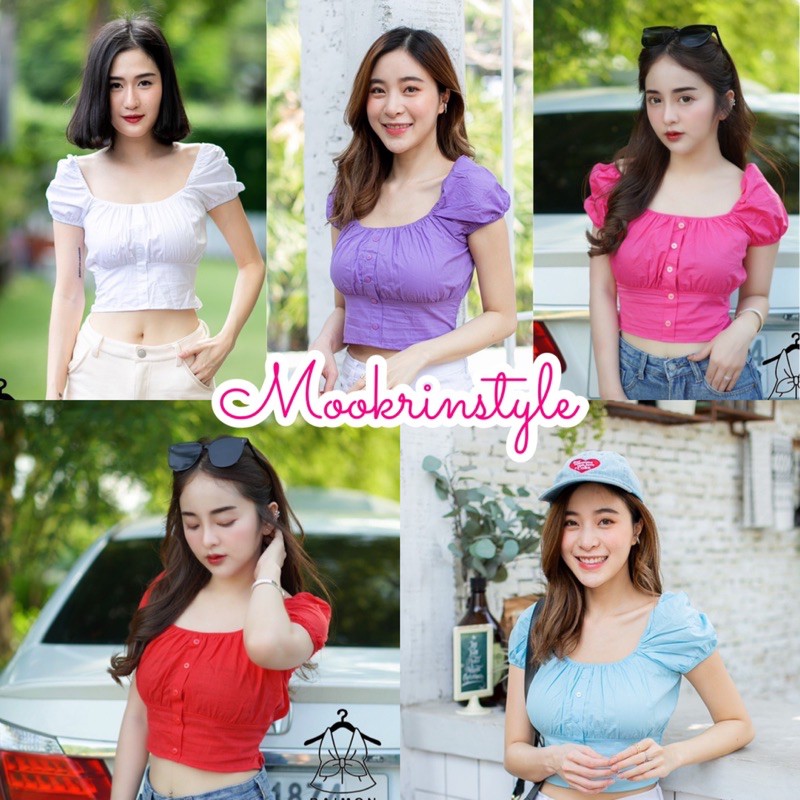 🍑Mookrinstyle 🍑เสื้อครอปแขนตุ๊กตา เสื้อดอลี่ แต่งกระดุมหน้า ครอปเอวลอยแฟชั่นผู้หญิง